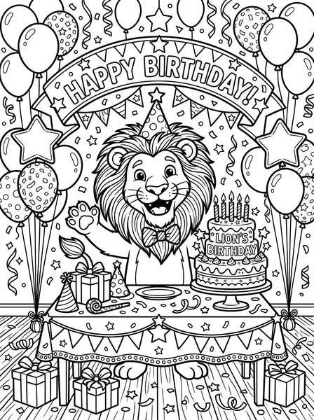 Birthday Party - free coloring lion page