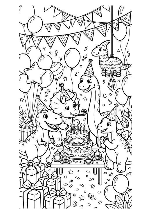 Cute dinosaurs in party hats celebrating a birthday with a big cake, balloons, bunting, presents and a pinata – coloring pages of cute dinosaurs