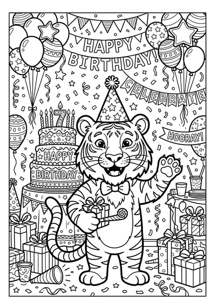 Birthday Party - free coloring tiger page