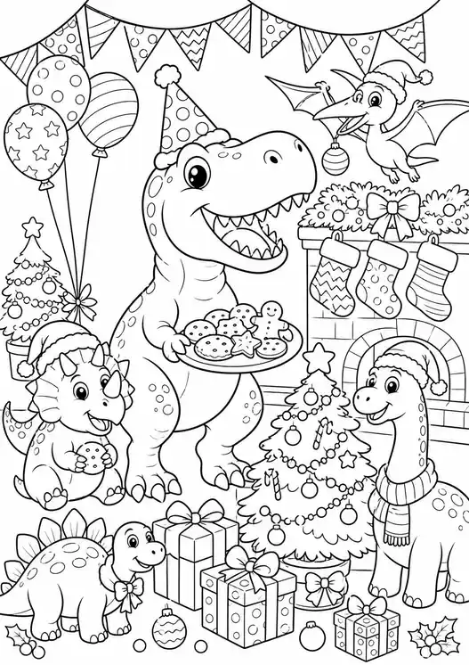 Cute christmas dinosaur coloring pages: dino christmas party