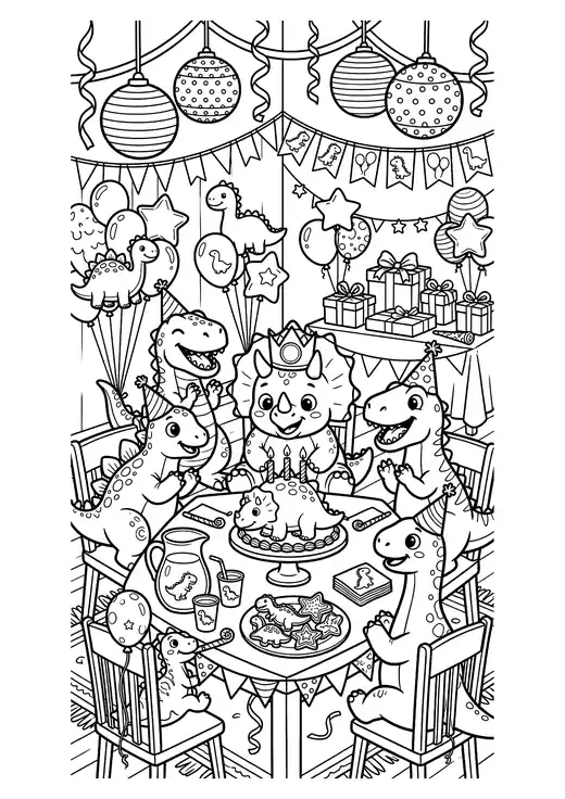 Cute birthday dinosaur in a crown blowing out candles on a dino cake with friends in party hats – cute dinosaur coloring sheets