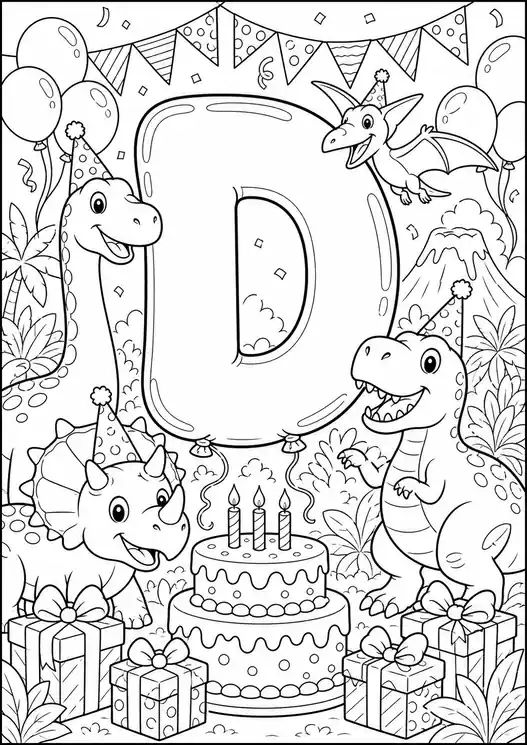 D for dinosaur coloring page: birthday party with letter D