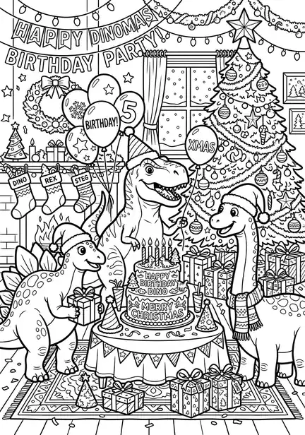Birthday party dinosaur christmas coloring page