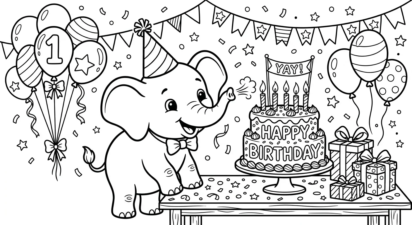 Elephant Birthday Party - free elephant coloring page printable black and white line art