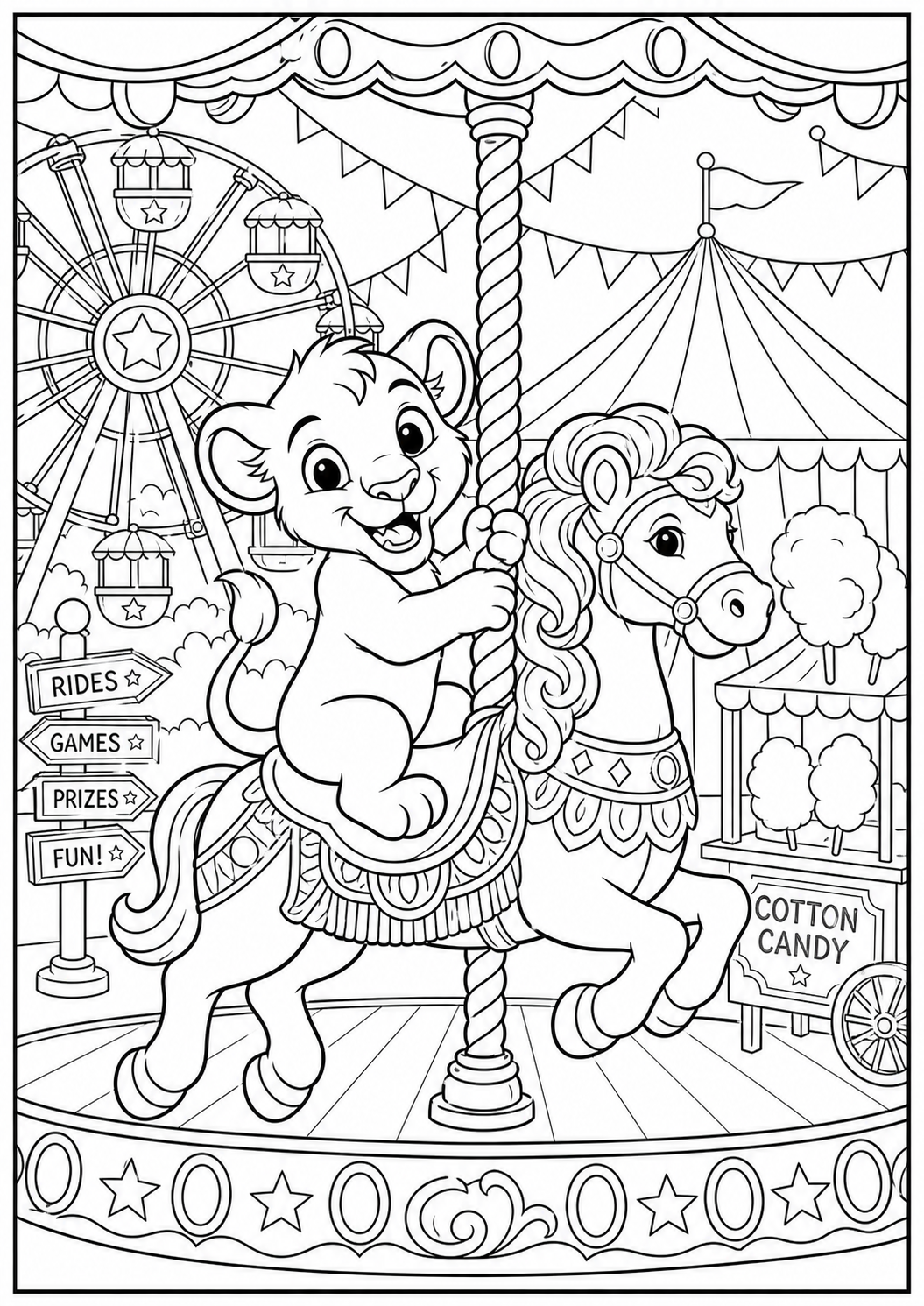 Lion Cub on a Carousel at the Fair — free lion coloring page, printable black and white line art