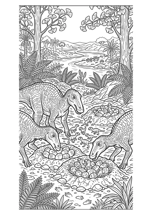 Realistic Maiasaura adults tending nests full of eggs and hatchlings among ferns and ginkgo trees – realistic dinosaur coloring pages
