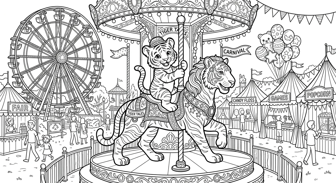 Tiger Cub on Carousel at Fair - carnival tiger coloring