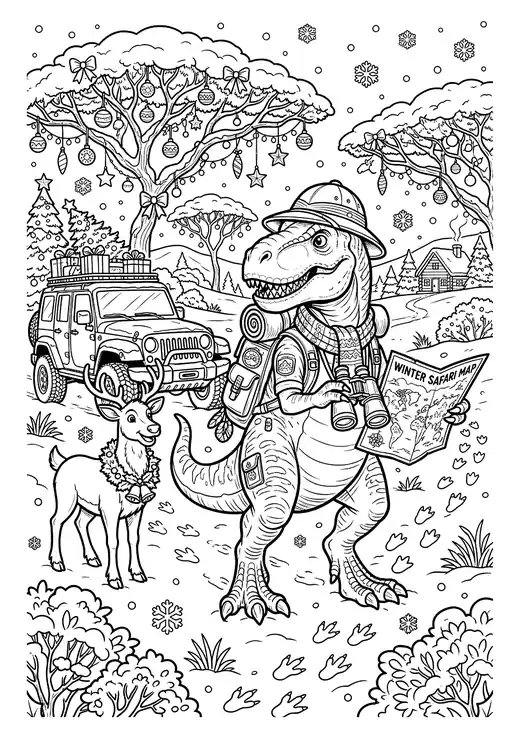 Christmas dinosaur safari explorer with binoculars, a jeep full of gifts and a friendly reindeer – christmas dinosaur coloring pages