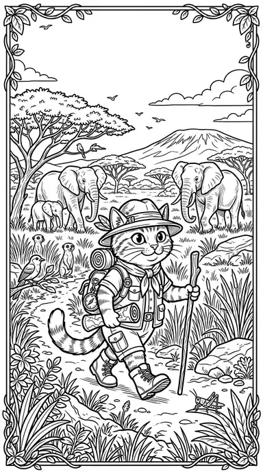 Safari Explorer - free coloring cat page printable black and white line art