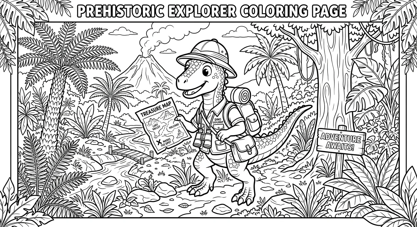 Safari Coloring Dinosaur Explorer - free coloring dinosaur page printable black and white line art