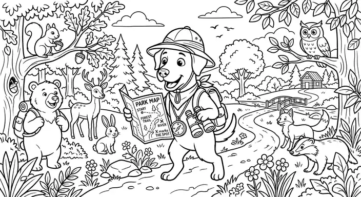 Safari Coloring Dog Explorer - free coloring dog page printable black and white line art
