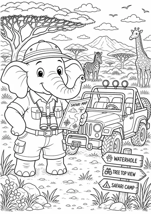 Coloring elephant safari explorer printable page