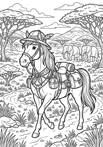 Safari Explorer - free coloring horse page printable black and white line art