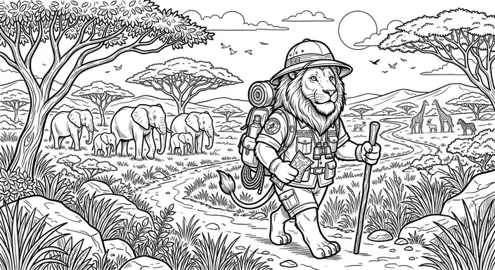 Safari Explorer - free coloring lion page