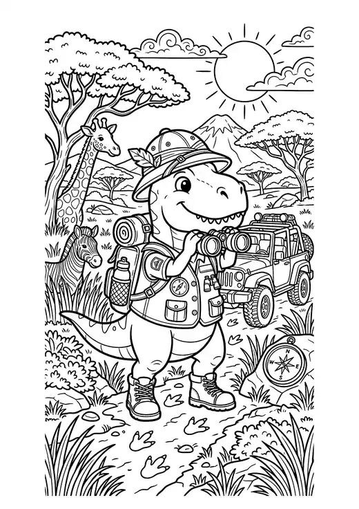 Cute dinosaur explorer with a safari hat and binoculars beside a jeep, giraffe and zebra on the savanna – coloring pages of cute dinosaurs
