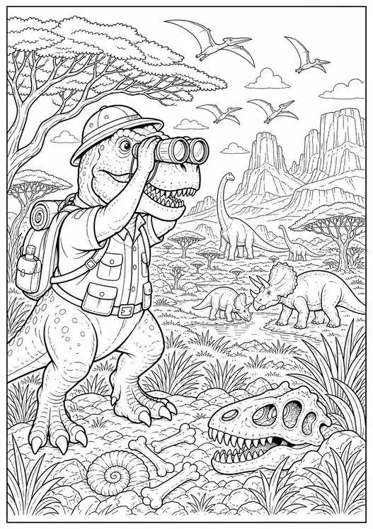 T-Rex Dinosaur Safari Explorer printable coloring page