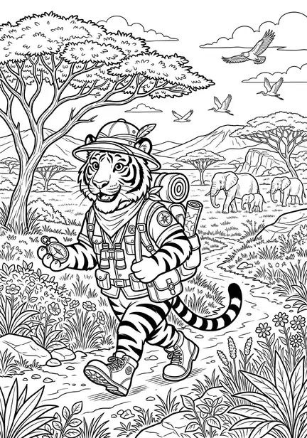 Safari Explorer - free coloring tiger page