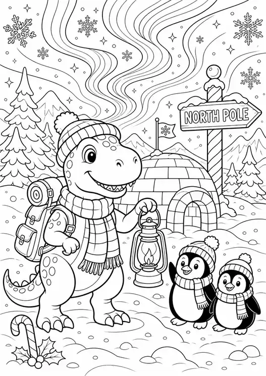 Cute christmas dinosaur coloring pages: dino north pole explorer