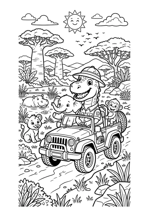 Cute dinosaur safari ranger driving a jeep with a baby elephant and monkey past baobab trees – cute dinosaur coloring sheets