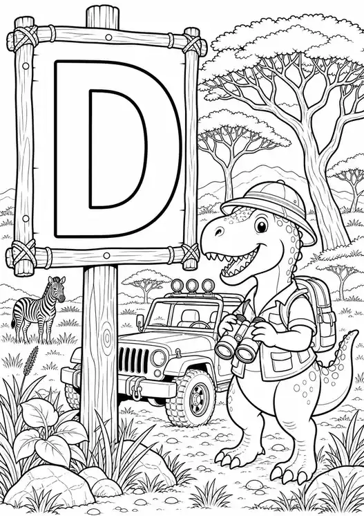 D for dinosaur coloring page: safari explorer with letter D