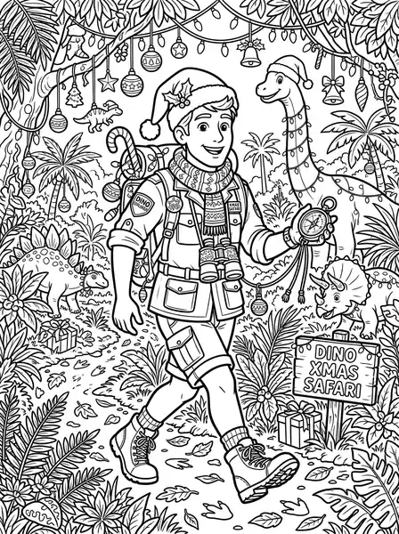 Safari explorer dinosaur christmas coloring page