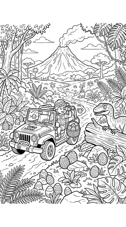 dinosaur easter coloring pages page 10 - Safari Jeep and a Raptor