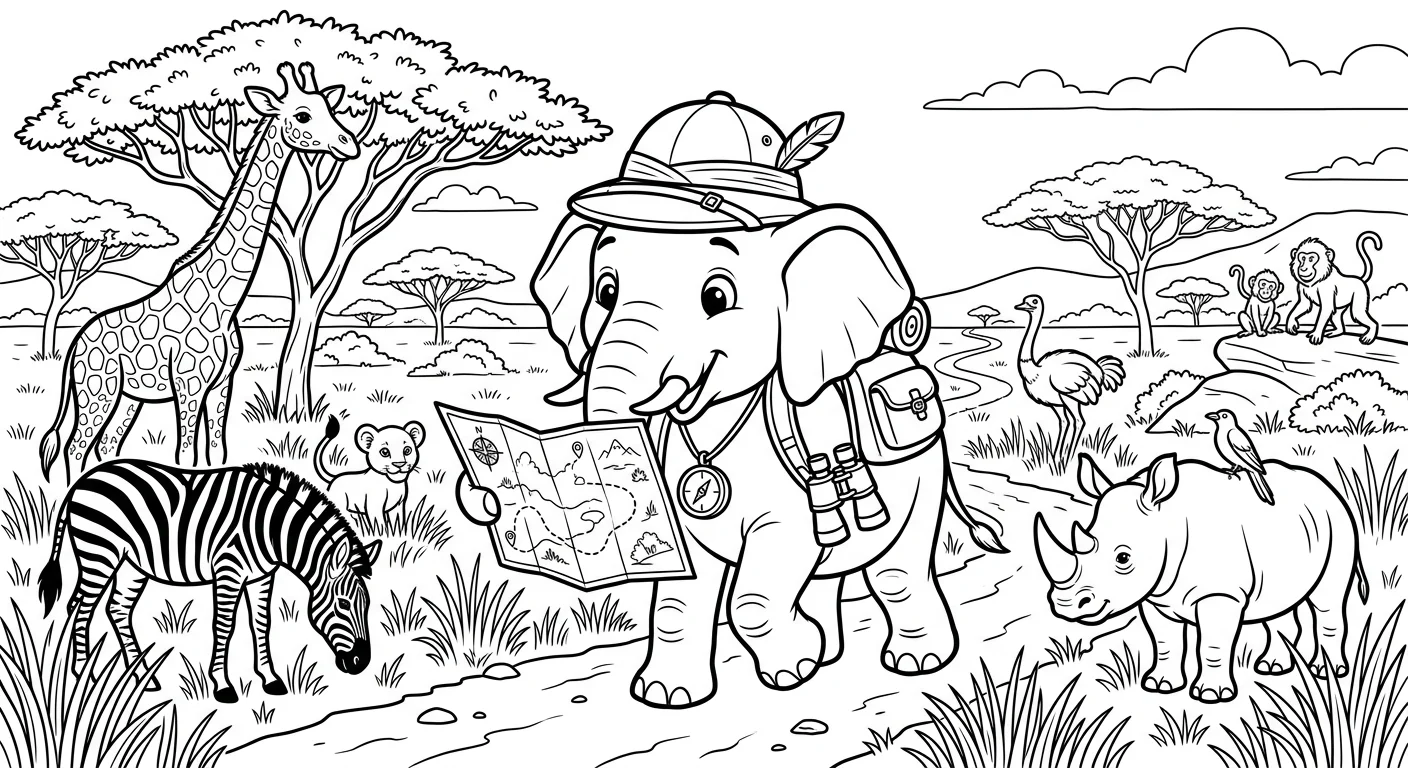 Safari Elephant Explorer - free elephant coloring page printable black and white line art