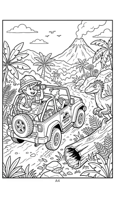 free printable dinosaur coloring pages pdf page 10 - Safari Jeep and a Raptor