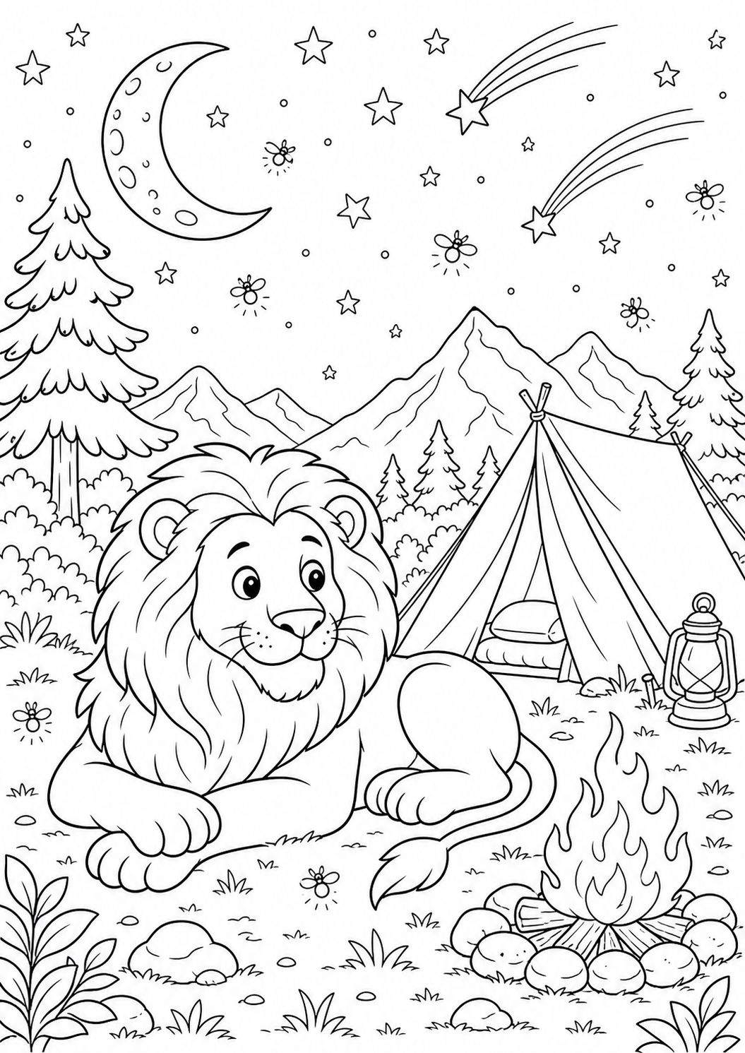 Lion under a Starry Night Sky — free lion coloring page, printable black and white line art
