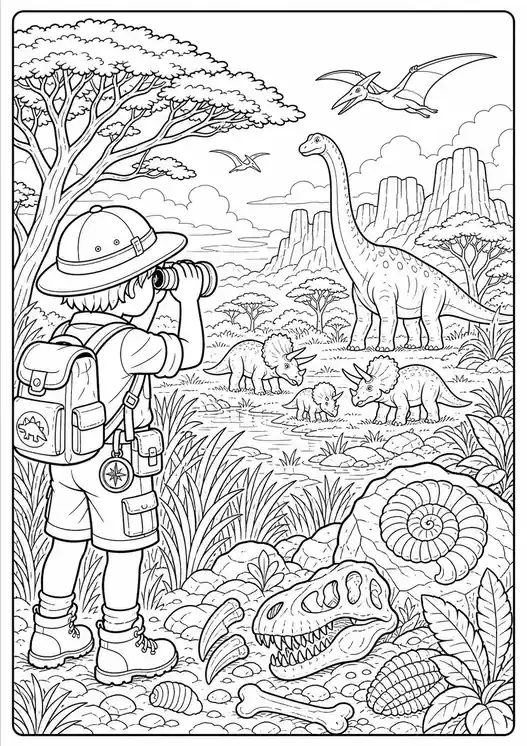 Printable Dinosaur Safari Explorer printable coloring page