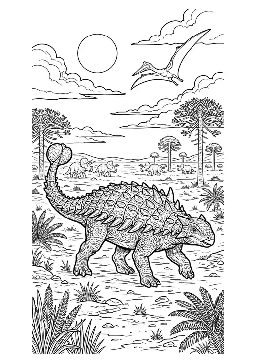 Realistic armored Ankylosaurus with a tail club crossing a plain with a Triceratops herd and a Quetzalcoatlus overhead – realistic dinosaur coloring pages