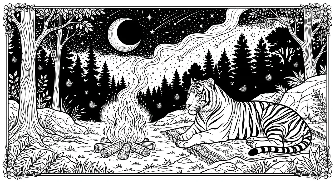 Tiger under Starry Night Sky - magical tiger coloring page