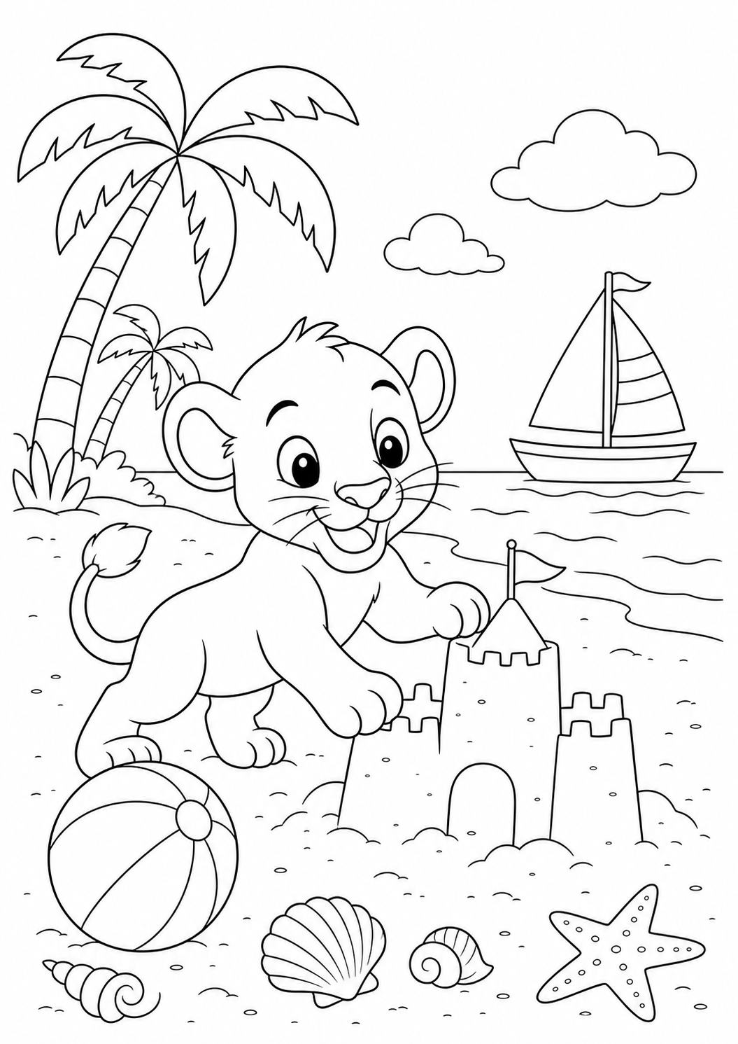 Lion Cub on a Tropical Beach — free lion coloring page, printable black and white line art