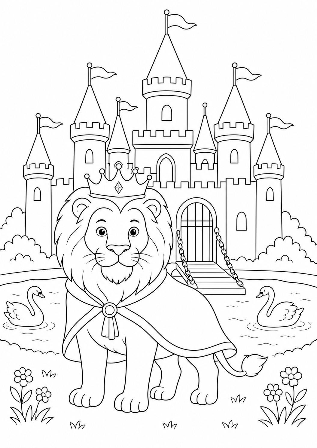 Lion in front of a Fairytale Castle — free lion coloring page, printable black and white line art