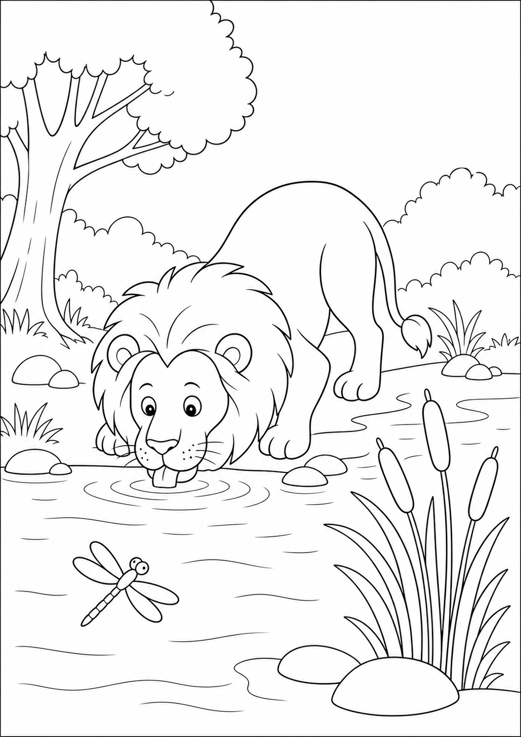 Lion Drinking at a Forest River — free lion coloring page, printable black and white line art