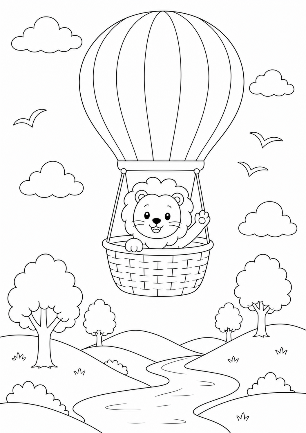 Lion in a Hot Air Balloon — free lion coloring page, printable black and white line art