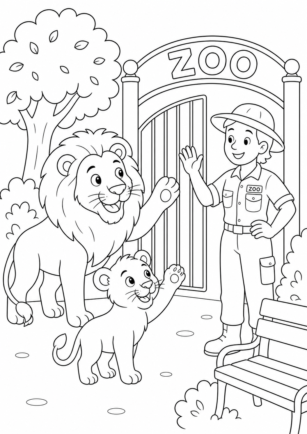 Lion at the Zoo — free lion coloring page, printable black and white line art