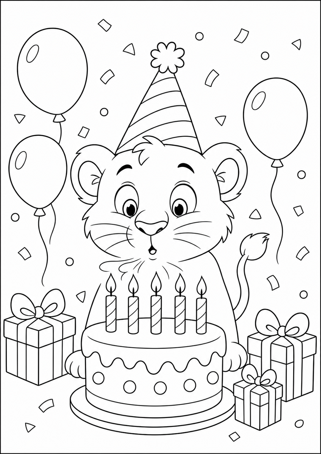 Lion Birthday Party — free lion coloring page, printable black and white line art