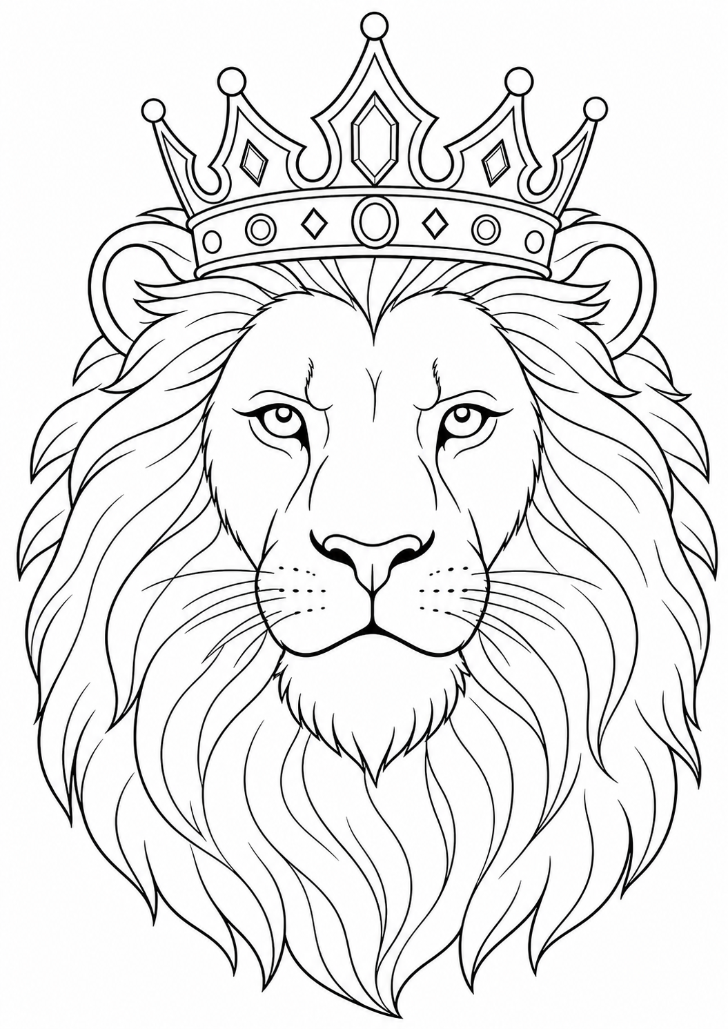 Royal Lion King Face — free lion coloring page, printable black and white line art