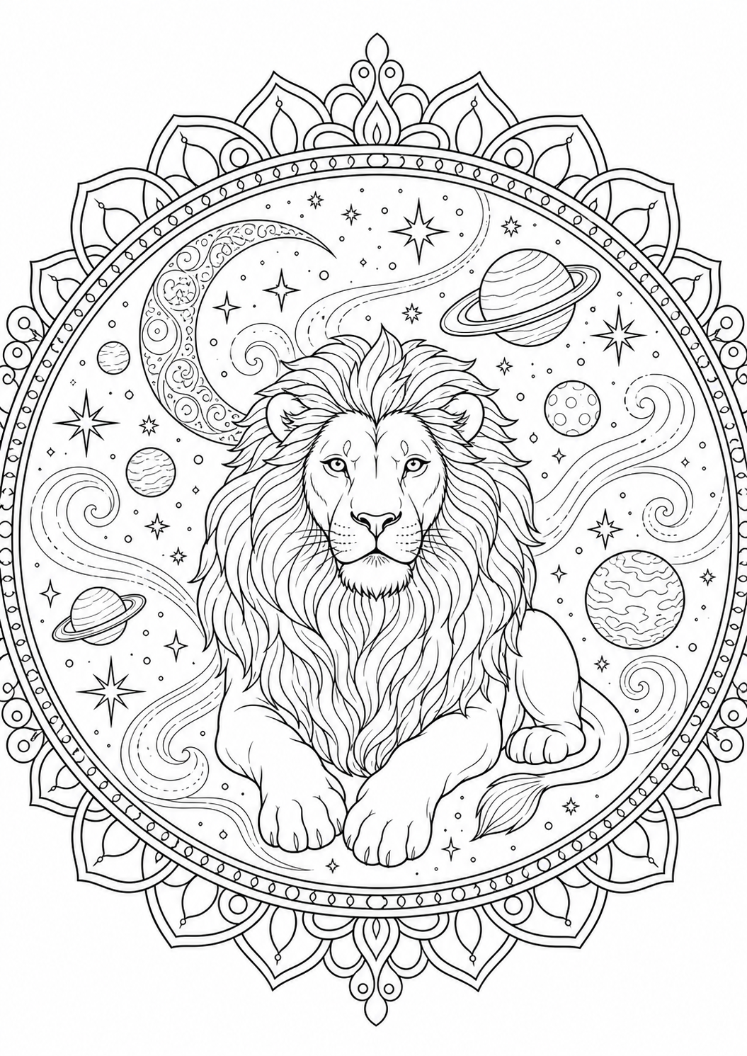 Celestial Lion Zodiac — free lion coloring page, printable black and white line art