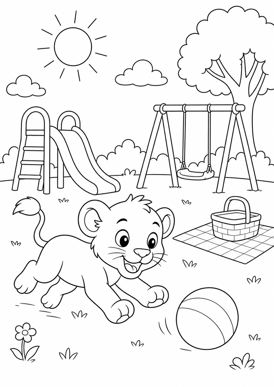 Lion Cub Playing in the Park — free lion coloring page, printable black and white line art