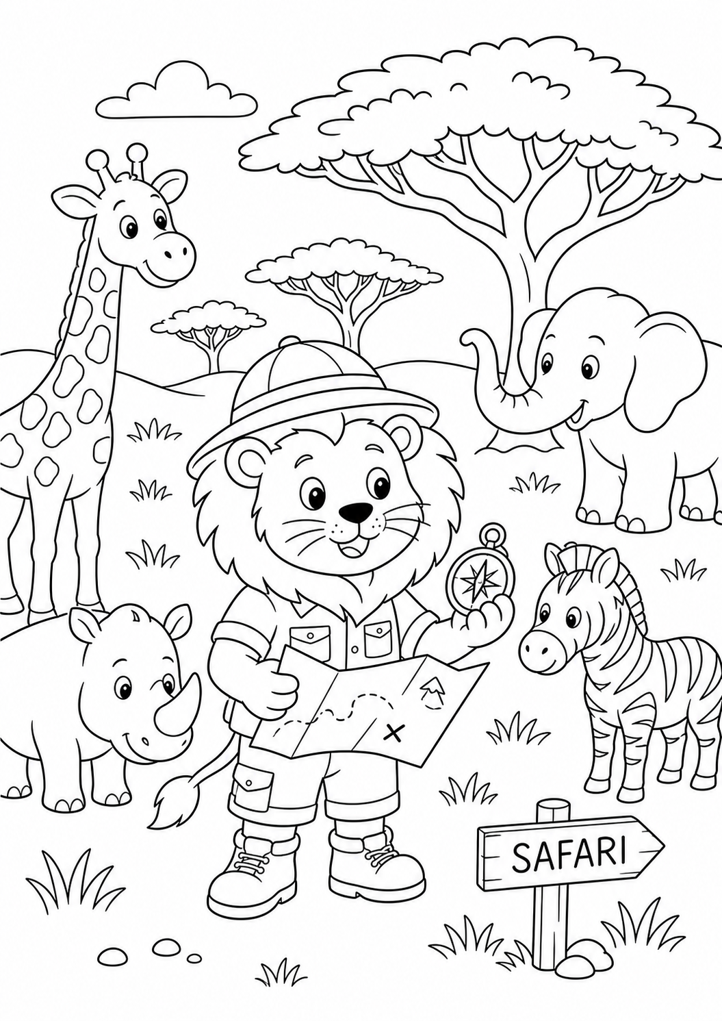 Safari Lion Explorer — free lion coloring page, printable black and white line art