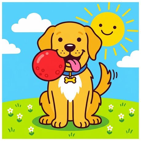 Golden retriever puppy holding a red ball, dog coloring page in black line art