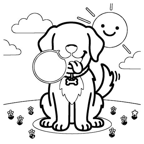 Golden retriever puppy holding a red ball, dog coloring page in black printable line art