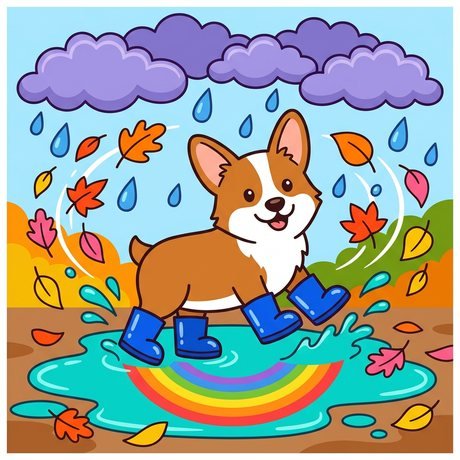 Corgi wearing rain boots splashing in a puddle, printable dog coloring page for kids
