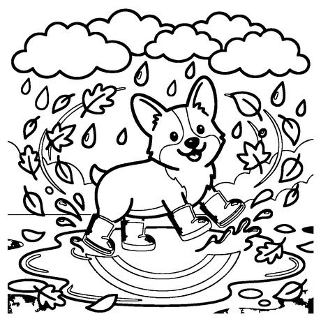 Corgi wearing rain boots splashing in a puddle, printable dog coloring page for kids
