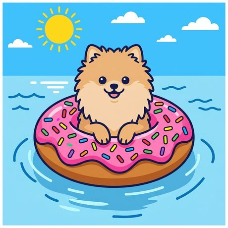 Fluffy pomeranian in a donut swim ring at a pool, dog coloring page to print