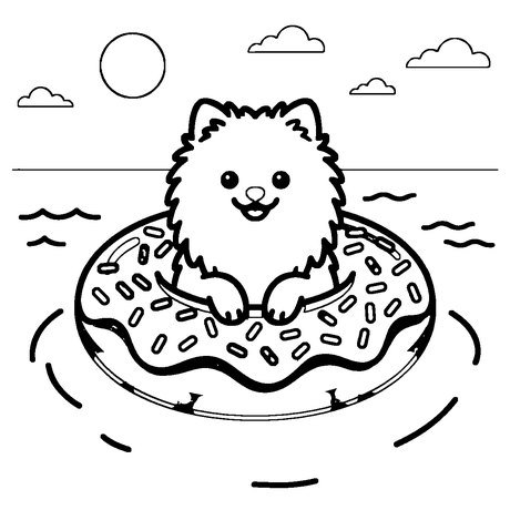Fluffy pomeranian in a donut swim ring at a pool, dog coloring page to print
