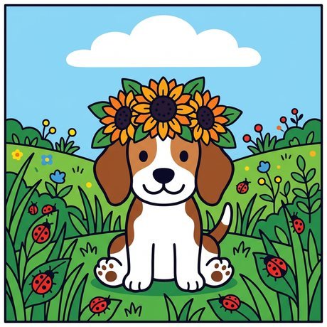 Beagle puppy with a sunflower crown in a flower meadow, detailed dog coloring page