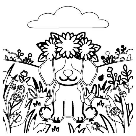 Beagle puppy with a sunflower crown in a flower meadow, detailed dog coloring page